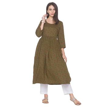Olive printed viscose rayon long-kurtis 2