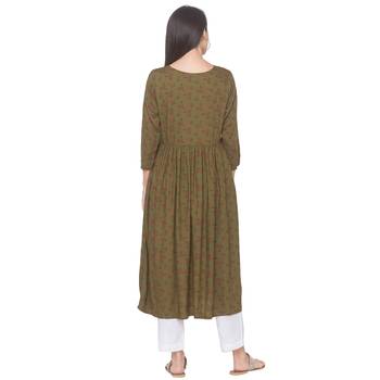 Olive printed viscose rayon long-kurtis 3