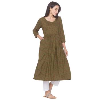 Olive printed viscose rayon long-kurtis 4