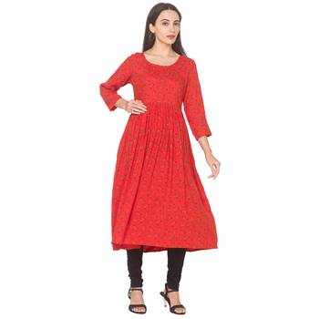 Orange printed viscose rayon long-kurtis 1