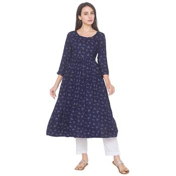 Navy-blue printed viscose rayon long-kurtis 1