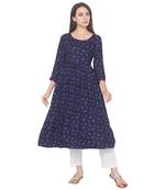Navy-blue printed viscose rayon long-kurtis