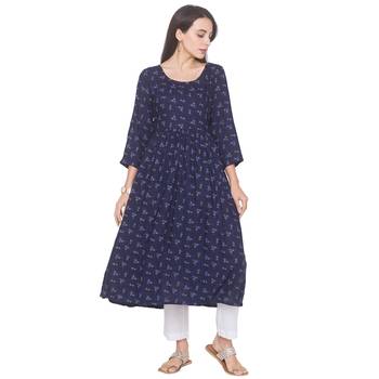Navy-blue printed viscose rayon long-kurtis 2