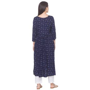 Navy-blue printed viscose rayon long-kurtis 3