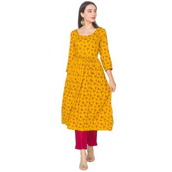 Yellow printed viscose rayon long-kurtis 1