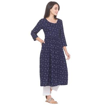Navy-blue printed viscose rayon long-kurtis 4