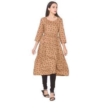 Brown printed viscose rayon long-kurtis 1