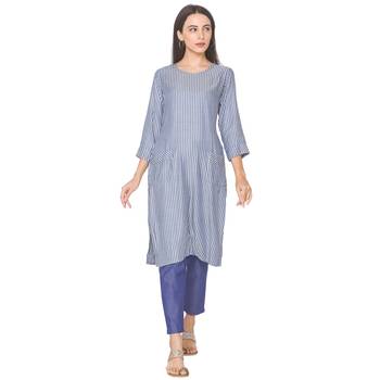 Navy-blue woven viscose rayon long-kurtis 1