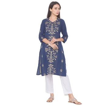 Navy-blue printed cotton long-kurtis 1
