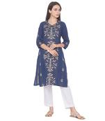 Navy-blue printed cotton long-kurtis