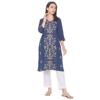 Navy-blue printed cotton long-kurtis 2