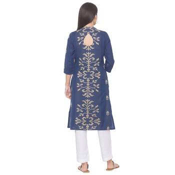 Navy-blue printed cotton long-kurtis 3