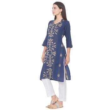 Navy-blue printed cotton long-kurtis 4
