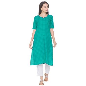 Green woven cotton long-kurtis 1