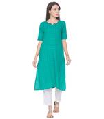 Green woven cotton long-kurtis