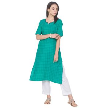 Green woven cotton long-kurtis 2