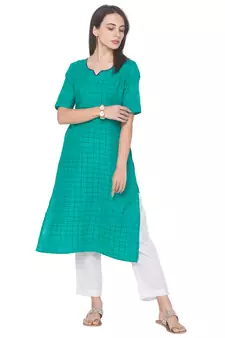 Green woven cotton long-kurtis