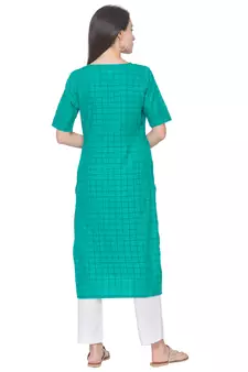 Green woven cotton long-kurtis