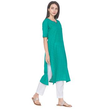 Green woven cotton long-kurtis 4