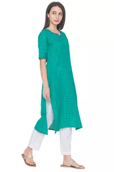 Green woven cotton long-kurtis