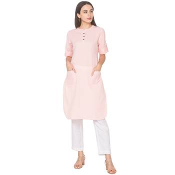 Pink plain cotton long-kurtis 1