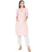 Pink plain cotton long-kurtis