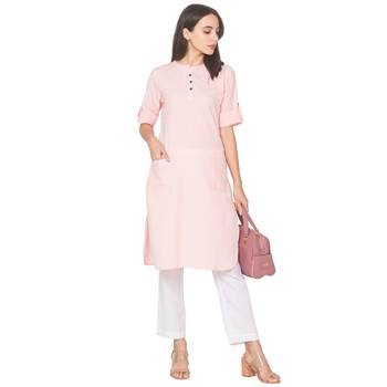 Pink plain cotton long-kurtis 2