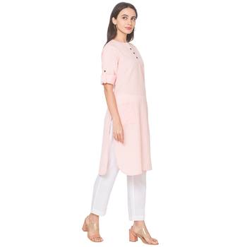 Pink plain cotton long-kurtis 4