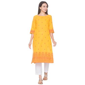Yellow printed cotton long-kurtis 1