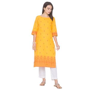 Yellow printed cotton long-kurtis 2