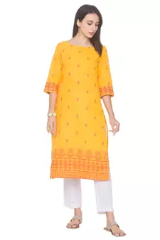 Yellow printed cotton long-kurtis