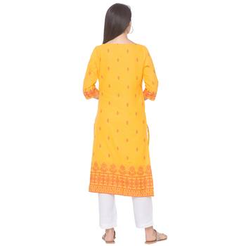 Yellow printed cotton long-kurtis 3