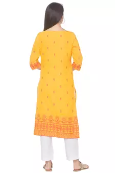 Yellow printed cotton long-kurtis