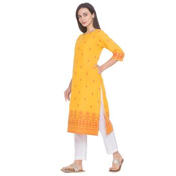 Yellow printed cotton long-kurtis 4
