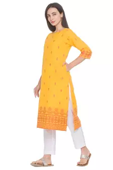 Yellow printed cotton long-kurtis