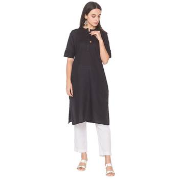 Black plain cotton long-kurtis 1