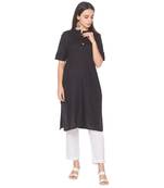 Black plain cotton long-kurtis