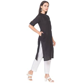 Black plain cotton long-kurtis 4