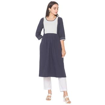 Navy-blue plain cotton long-kurtis 1