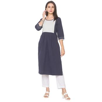 Navy-blue plain cotton long-kurtis 2