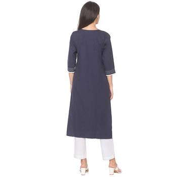 Navy-blue plain cotton long-kurtis 3