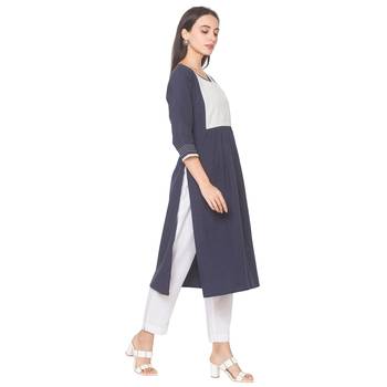 Navy-blue plain cotton long-kurtis 4