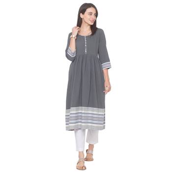 Olive plain cotton long-kurtis 1