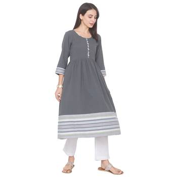 Olive plain cotton long-kurtis 2