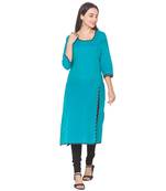 Blue plain cotton long-kurtis