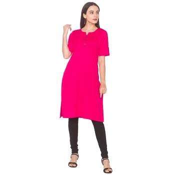Pink plain cotton long-kurtis 1