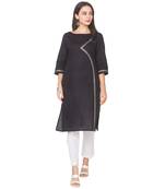 Black plain cotton long-kurtis