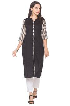 Black plain cotton long-kurtis