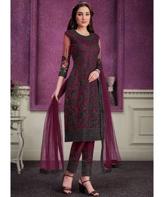 Wine Net Party Wear Salwar Kameez 1
