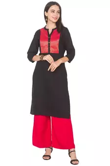 Black plain cotton long-kurtis